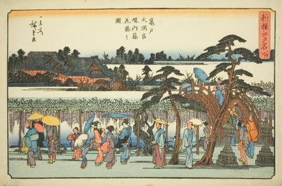 Wisteria i full blomst i precincts of the Kameido Tenmangu Shrine (Kameido Tenmangu keidai fuji hanazakari no zu), fra serien "Nyutvalgte kjente steder i Edo (Shinsen Edo meisho)" av Utagawa Hiroshige