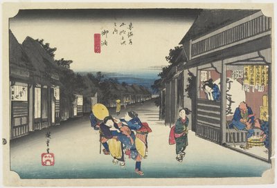 Kvinner som oppfordrer reisende, Goyu, ca. 1833 av Utagawa Hiroshige