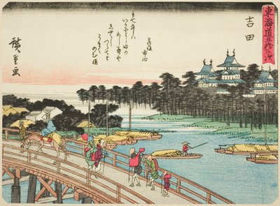 Yoshida, fra serien "Fifty-three Stations of the Tokaido (Tokaido gojusan tsugi)," også kjent som Tokaido med dikt (Kyoka iri Tokaido) av Utagawa Hiroshige