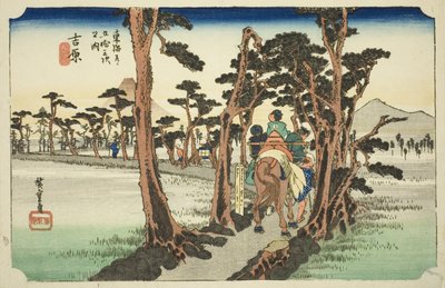 Yoshiwara: Mount Fuji på venstre side (Yoshiwara, hidari Fuji), fra serien "Fifty-three Stations of the Tokaido Road (Tokaido gojusan tsugi no uchi)," også kjent som Hoeido Tokaido av Utagawa Hiroshige
