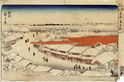 Yoshiwara Yuki no Asa, 1850 (fargetresnitt) (fargetresnitt) av Utagawa Hiroshige