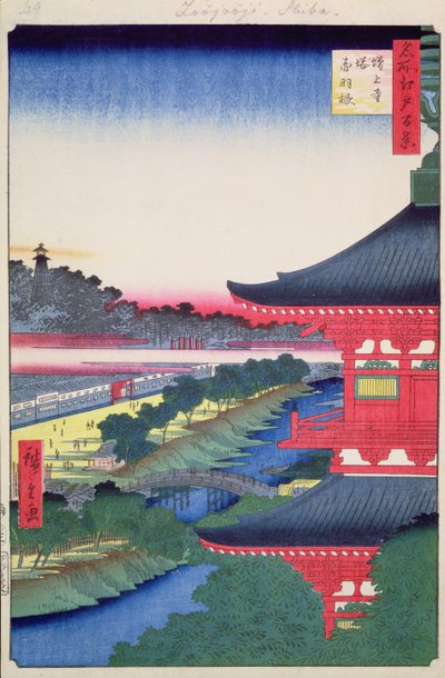 Zojoji Pagoda og Akabane fra One Hundred berømte Views of Edo, 1857 (treblokk fargetrykk) av Utagawa Hiroshige