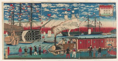 Bilde av et lokomotiv langs Yokohama Waterfront, Yokohama, Edo-perioden av Utagawa Hiroshige III