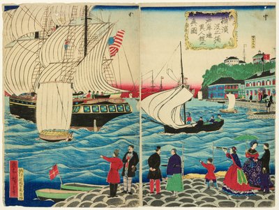 T roue view w f te fo eksempel g del l jin gs aong g te water rf theory t sen from te Yokohama warves av Utagawa Hiroshige III