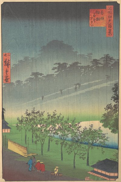 Kveldsutsikt over Kiribata i regn ved Akasaka, 1859. av Utagawa Hiroshige II