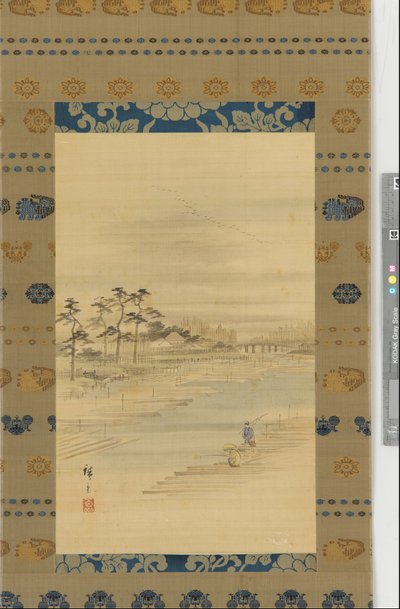 Elvelandskap: tømmergårder og flåter, midten av 1800-tallet. av Utagawa Hiroshige II