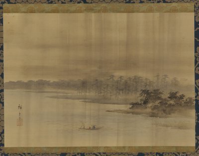 Elvelandskap og tempel i regnet, Edo-perioden, 1800-tallet. av Utagawa Hiroshige II