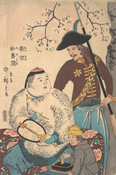Russere og en kineser som skriver inn en fan, 12. måned, 1860. av Utagawa Hiroshige II