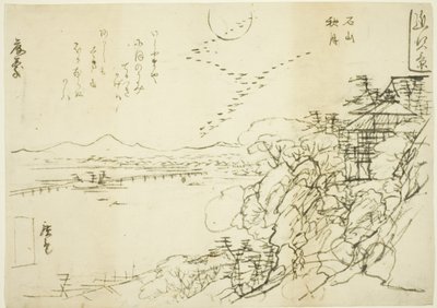 Sketch for Autumn Moon at Ishiyama Temple (Ishiyama no shugetsu), fra serien "Eight Views in Omi Province (Omi hakkei)" av Utagawa Hiroshige II