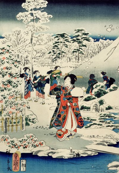 Tjenester i en snødekt hage av Utagawa and Hiroshige II Utagawa Kunisada