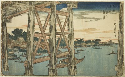 Twilight Moon at the Ryogoku Bridge (Ryogoku no yoizuki), ca. 1831 (farget treblokktrykk; oban) av Utagawa I Hiroshige