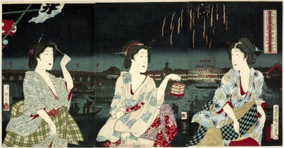 Nyter kveldsbrisen under fyrverkeriet på Ryogoku Ryogoku hanabi yusuzumi no kei (tittel på objekt) av Utagawa Kunichika