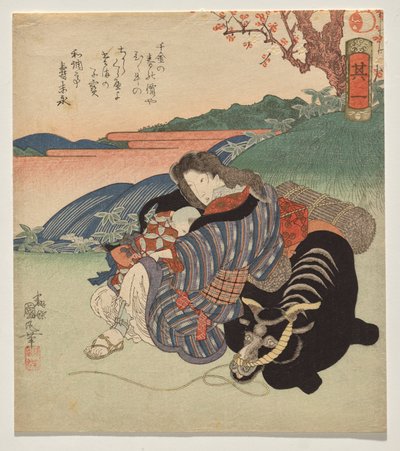 En kvinne og en gutt hviler mot en okse av Utagawa Kunimaru