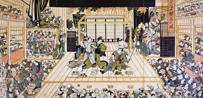 Kabuki teaterforestilling i Edo, ukiyo-e kunsttrykk av Utagawa Kunimaru (1794-1829), tresnitt, japansk sivilisasjon, Edo-perioden av Utagawa Kunimaru