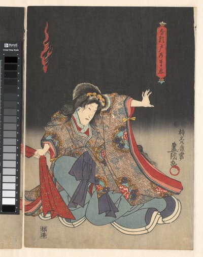 Skuespiller som en kvinne som trekker en rød klut av Utagawa Kunisada (I)