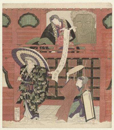 Tre skuespillere ved en tempelport av Utagawa Kunisada (I)