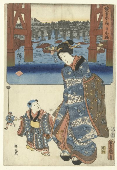 Nihonbashi (tittel på objekt) De 53 stasjoner dør twee penselen (serietittel) Sohitsu gojusan tsugi (serietittel på objekt) av Utagawa Kunisada (I)