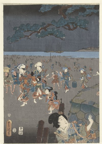 Samler skjell på Akashi.-stranden Akashi no ura shiogari no zu av Utagawa Kunisada (I)