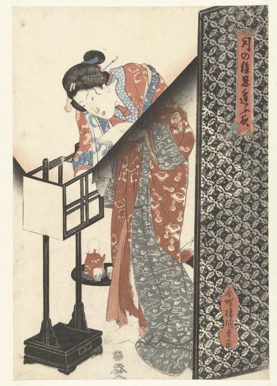 Kvinne ved lampe Hemmelige nattdate ved måneskinn (serietittel) Tsuki no kage shinobiau yoru (serietittel på objekt) av Utagawa Kunisada (I)