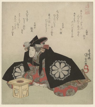 Kvinne sitter foran et offerstativ av Utagawa Kunisada (I)