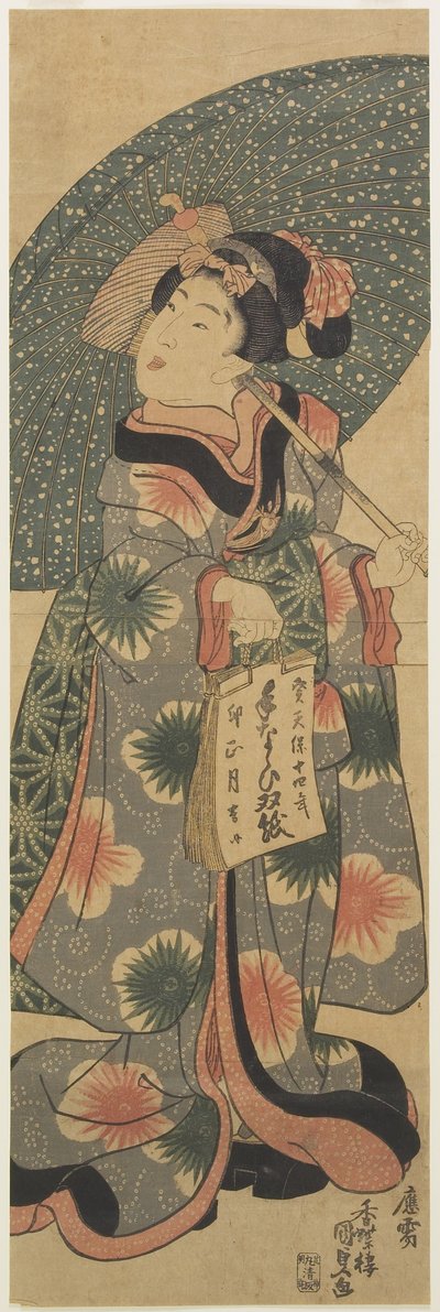 (Jente som holder en kopibok), januar 1843 av Utagawa Kunisada