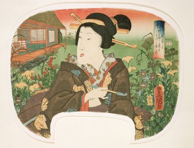 Høst, Hanayashiki: En geisha med pipe, design for en vifte fra et sett på fire som illustrerer årstidene, 1858-60 (treblokktrykk) av Utagawa Kunisada