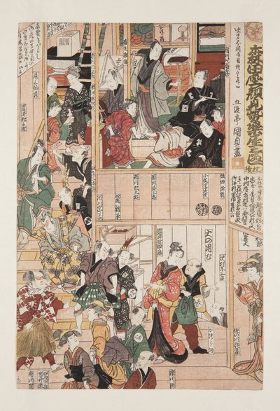 Backstage ved sesongåpningsforestillingen til Morita Theatre (Morita-za kaomise gakuya no zu, sanmai tsuzuki) (treblokktrykk i farger) av Utagawa Kunisada