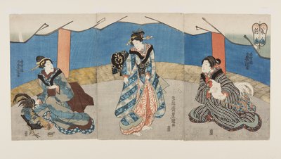 Skjønnheter under en hanekamp (Bijin Toriaiu) (treblokktrykk i farger) av Utagawa Kunisada