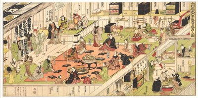 En utsolgt forestilling feires bak kulissene på Nakamura kabuki-teater av Utagawa Kunisada