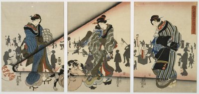 Nattescene med jenter, dyr og lykter av Utagawa Kunisada