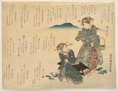 To kvinner samler de syv tradisjonelle urtene til nyttår av Utagawa Kunisada