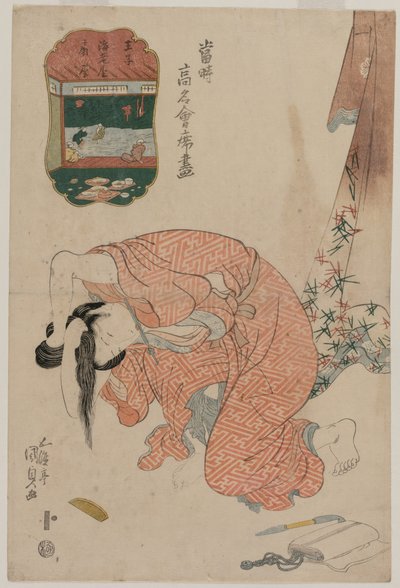 Kvinne som setter opp håret sitt (fra serien Berømte restauranter i vår tid) av Utagawa Kunisada