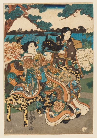 Treblokktrykk - kurtisane og hushjelp, 1786-1865 av Utagawa Kunisada