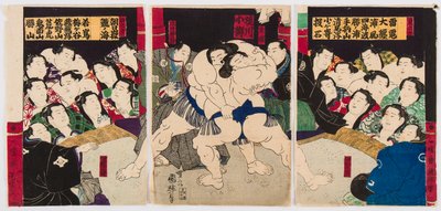Kamp av sumobrytere. Trykk av Utagawa Kuniteru (1808-1876) - Sumobrytere, av Kuniteru, Utagawa (1808-1876). Fargetresnitt. Privat samling av Utagawa Kuniteru