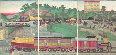 Illustrasjon av et damplokomotiv som kjører på Takanawa Railroad i Tokyo Tokyo ta..., ca. 1873. av Utagawa Kuniteru