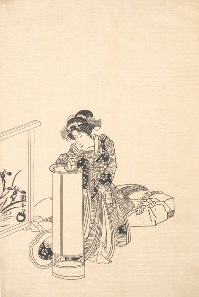 Ung kvinne lener seg over en høy lampe. av Utagawa Kuniyasu