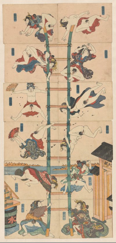 Serie på tolv koban Shunga med prostituerte i rollen som akrobatiske brannmenn av Utagawa Kuniyoshi (school of)
