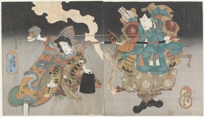 (Kriger og kvinne med apemaske), ca. 1843-1847 av Utagawa Kuniyoshi