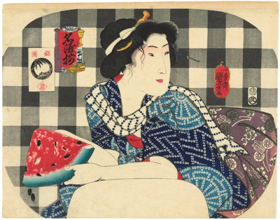 En kvinne som holder en skive vannmelon, fra serien Famous Brands of Sake (Meishu zoroi) av Utagawa Kuniyoshi