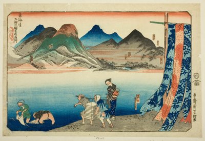 Akasaka, Fujikawa, Okazaki, Chiryu og Narumi, fra serien "Famous Places on the Fifty-tre Stations of the Tokaido, Five Stations (Tokaido gojusan eki goshuku meisho)" av Utagawa Kuniyoshi