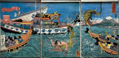 Asahina Yoshihides kamp med to krokodiller i havet utenfor Kamakura Kotsubo av Utagawa Kuniyoshi