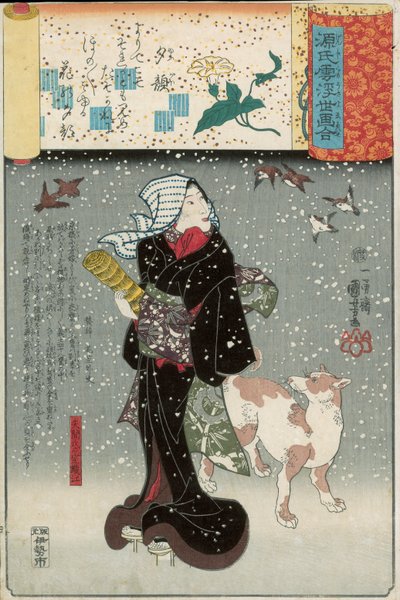 Bijin med en hund i snøen, fra Genji mitate-serien av Utagawa Kuniyoshi