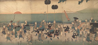 Gutter spiller en Daimyo-prosesjon, 1800-tallet. av Utagawa Kuniyoshi