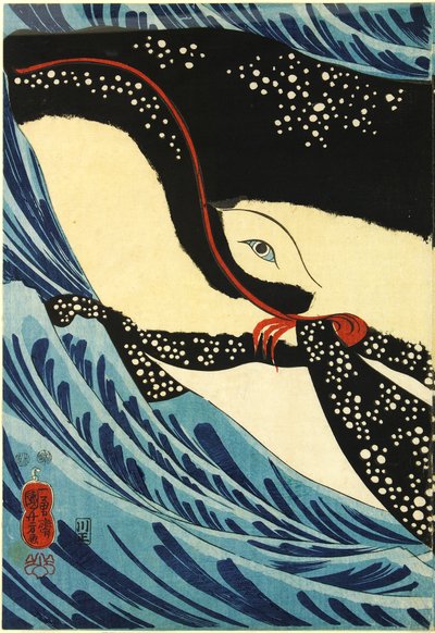 Triptyk med farget treblokk, som viser den store sverdmannen Miyamoto Musashi som angriper en gigantisk hval utenfor kysten av Hizen-provinsen: Japan, Edo, av Utagawa Kuniyoshi av Utagawa Kuniyoshi