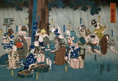 Komiske dyr som tar ly for regn (Dōke kemono no amayadori), ca. 1842 av Utagawa Kuniyoshi