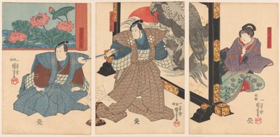 Tre skuespillere ved en sammenleggbar skjerm av Utagawa Kuniyoshi