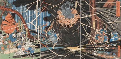 G supplement st of evil Minamoto no Yoshihira ble c gull g Namba Jiro ved Nunobiki Water Fall, 1825. av Utagawa Kuniyoshi