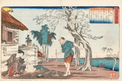Kakkyo og hans kone graver fram en gryte med gull i hullet de gravde for å begrave sin spedbarnssønn, signert Ichiyusai Kuniyoshi ga, ca. 1843 (farget treblokktrykk) av Utagawa Kuniyoshi