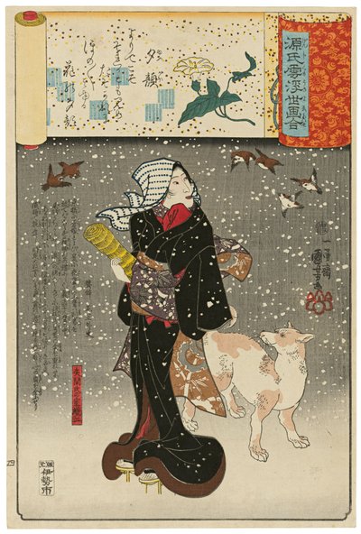 «Damen med aftensansiktene» (Yūgao): Yazamas hustru Orie (Yazama-shi no shitsu Orie), fra serien Scener blant Genji-skyer sammenstilt med ukiyo-e-bilder (Genji-gumo ukiyo e-awase) von Utagawa Kuniyoshi