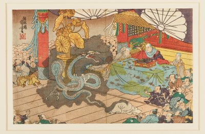 Manifestasjon av den syv-ansiktede guddommeligheten ved Minobuzan, 9. måned 1277, 1800-tallet av Utagawa Kuniyoshi